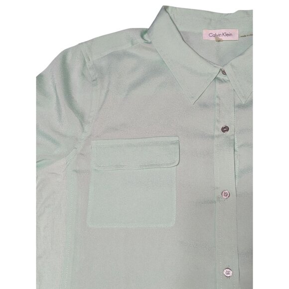Calvin Klein Women's Mint Green Button-Up Blouse Roll Tab Sleeve Chest Pocket XL - Picture 5 of 12